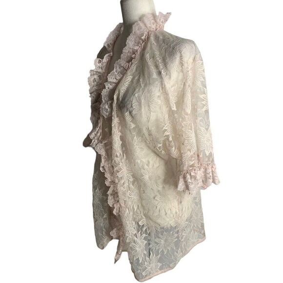 Vintage Floras Follies Lace Robe Bed Jacket S Pink Floral Open Front Ruffles - Picture 3 of 6